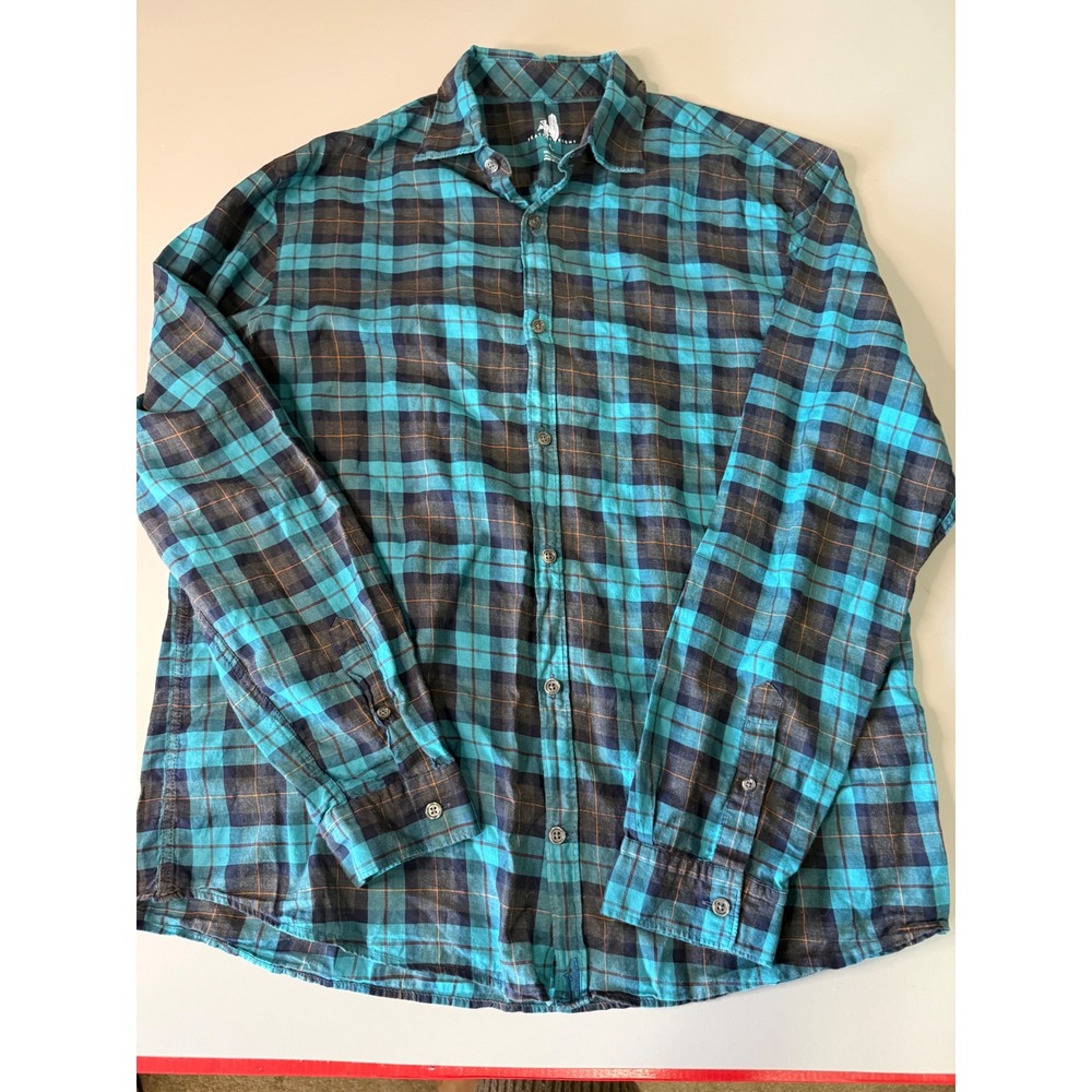 Johnnie-O Featherweight Plaid Button Down Shirt Mens L Teal Navy Cotton L/S